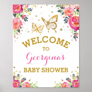 Pink Gold Butterfly Watercolor Flower Welcome Poster