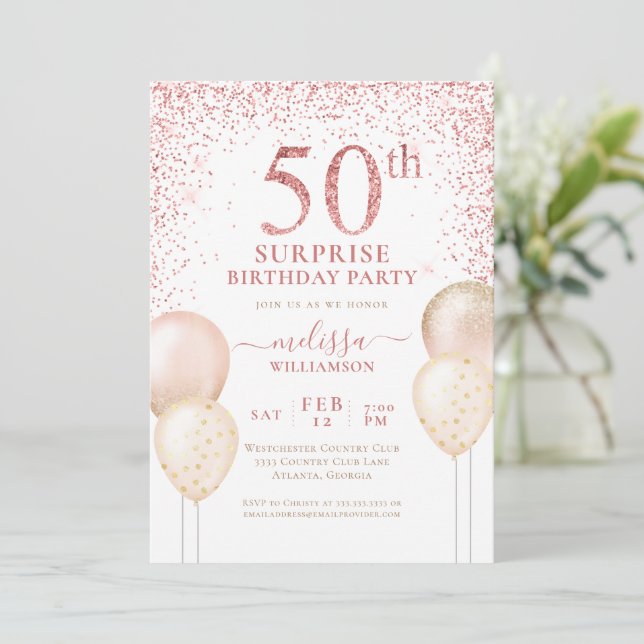 Pink Gold Calligraphy Surprise 50th Birthday Invitation (Standing Front)