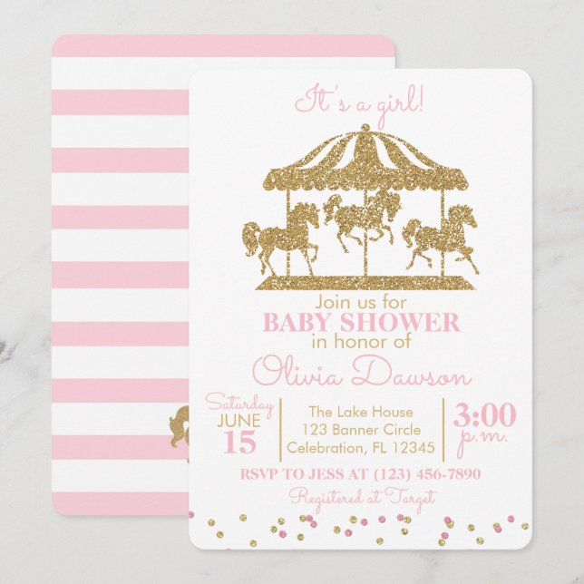 Pink & Gold Carousel Girl Baby Shower Invitation (Front/Back)