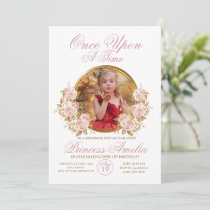 Pink Gold Castle Princess Photo 1st Birthday  Invitation