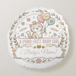 Pink & Gold Cat Theme Baby Shower Gift Round Cushion