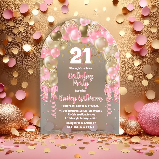 Pink Gold Celebration Balloons 21st Birthday Party Acrylic Invitations (Pink | Gold Tone Celebration Balloons "21" 21st Birthday Party Acrylic Invitation)
