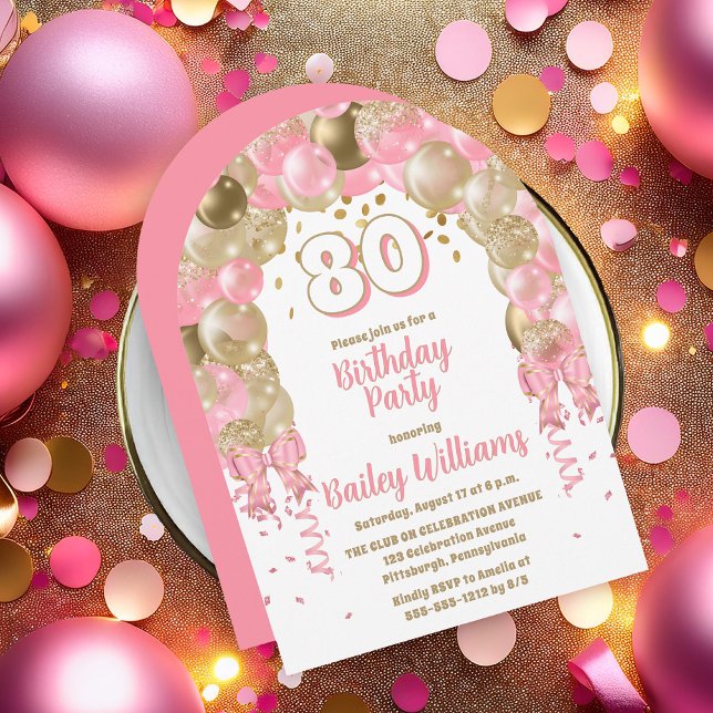 Pink Gold Celebration Balloons 80th Birthday Party Invitation (Pink, Gold Tone and White  Celebration Balloons "80" 80th Birthday Party Invitation - Print or Digi)