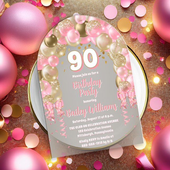 Pink Gold Celebration Balloons 90th Birthday Party Acrylic Invitations (Pink and Gold Tone Celebration Balloons "90" 90th Birthday Party Acrylic Invitation)