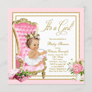 Pink Gold Chair Princess Pearl Tutu Baby Shower Invitation