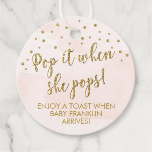 Pink Gold Champagne Tags, Pop it when she pops Favour Tags