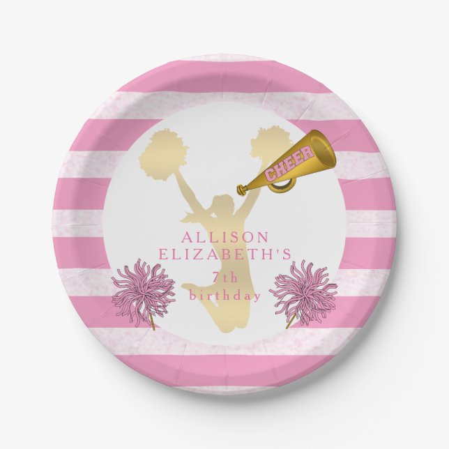 Pink | Gold Cheer Cheerleader Girl Birthday Party Paper Plate (Front)