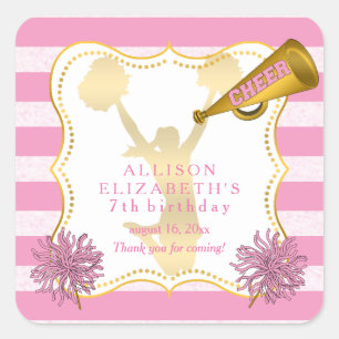 Pink   Gold Cheer Cheerleader Girl Birthday Party Square Sticker