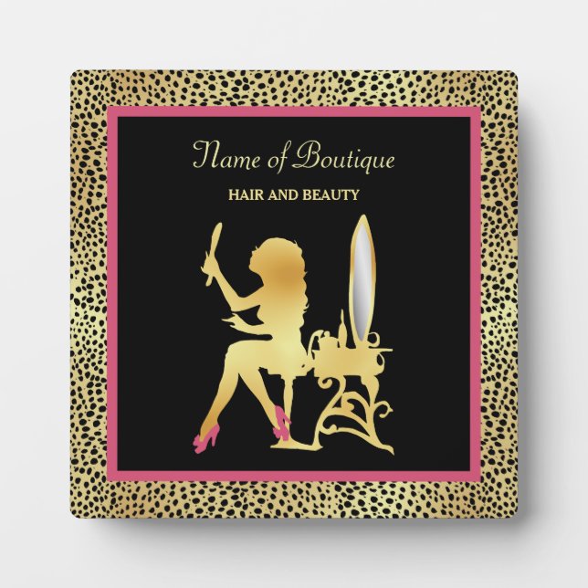 Pink Gold Cheetah Print Beauty Boutique Sign Plaque (Front)