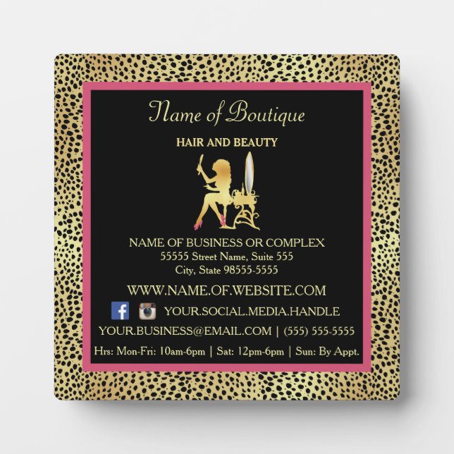 Pink Gold Cheetah Print Boutique Information Sign Plaque (Front)