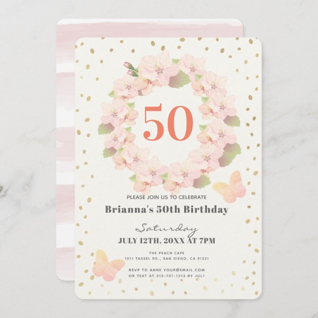 Pink & Gold Cherry Blossom Floral Adult Birthday Invitation (Front/Back)