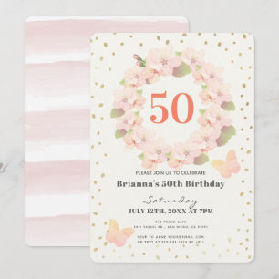 Pink & Gold Cherry Blossom Floral Adult Birthday Invitation