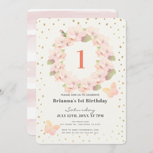 Pink & Gold Cherry Blossom Girl 1st Birthday Invitation (Front/Back)