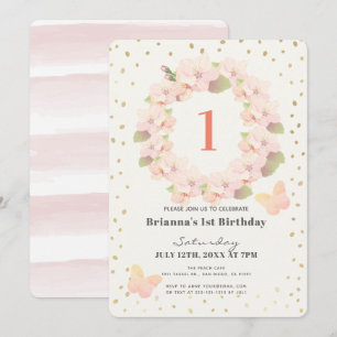 Pink & Gold Cherry Blossom Girl 1st Birthday Invitation