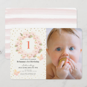 Pink & Gold Cherry Blossom Girl Photo 1st Birthday Invitation