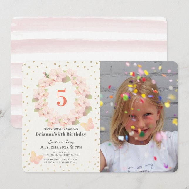 Pink & Gold Cherry Blossom Girl Photo Birthday Invitation (Front/Back)