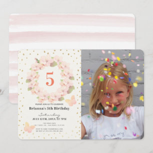 Pink & Gold Cherry Blossom Girl Photo Birthday Invitation
