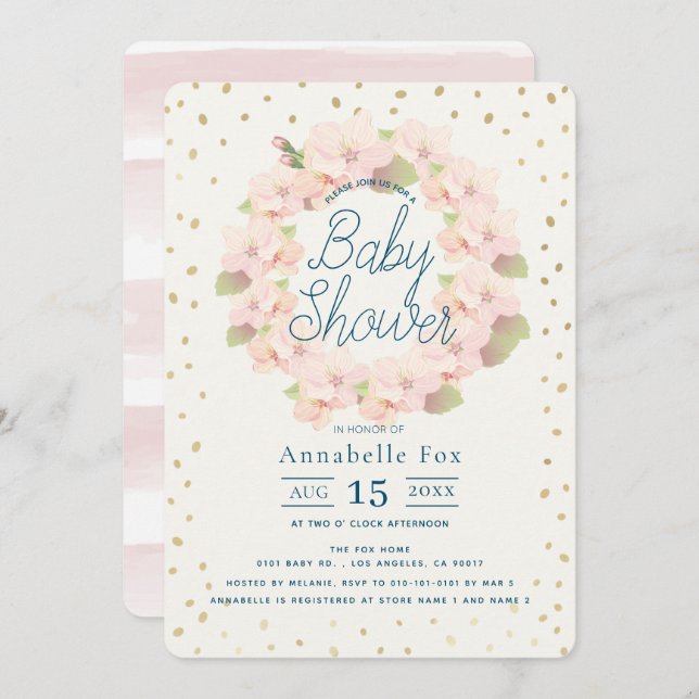 Pink & Gold Cherry Blossom Wreath Baby Shower Invitation (Front/Back)