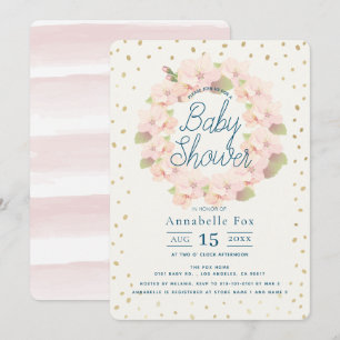 Pink & Gold Cherry Blossom Wreath Baby Shower Invitation