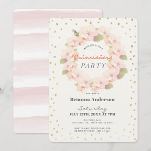 Pink & Gold Cherry Blossom Wreath Quinceanera Invitation