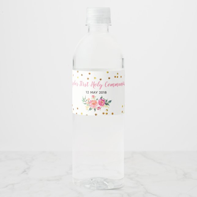 Pink Gold Chic Floral Water Bottle Label (Front)