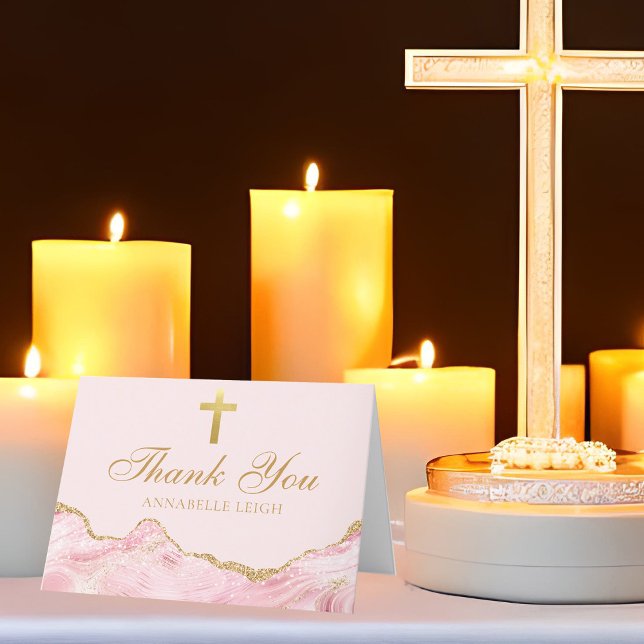 Pink Gold Christian Cross Elegant Personalised Thank You Card (Creator Uploaded)