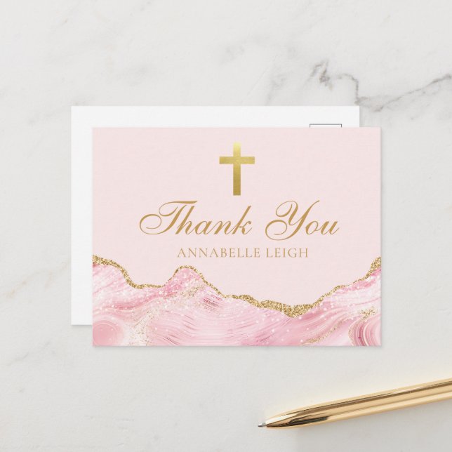 Pink Gold Christian Cross Personalised Thank You Postcard (Front/Back In Situ)