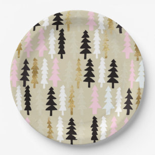 Pink & Gold Christmas Tree Patten Paper Plates