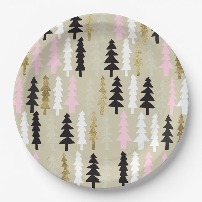 Pink & Gold Christmas Tree Patten Paper Plates (Front)