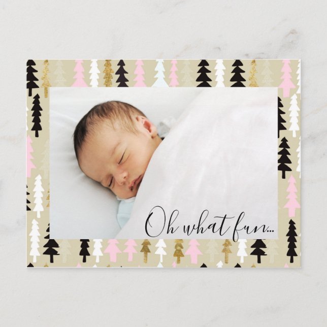 Pink & Gold Christmas Tree Pattern Photo Postcard (Front)
