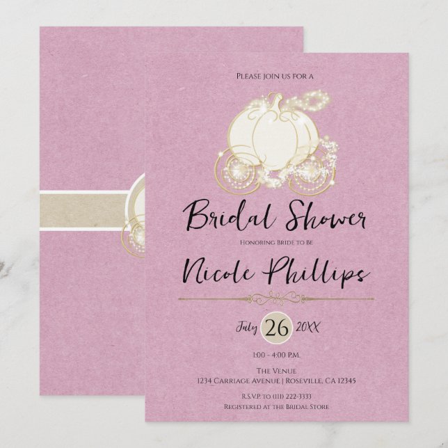 Pink Gold Cinderella Carriage Bridal Shower  Invitation (Front/Back)