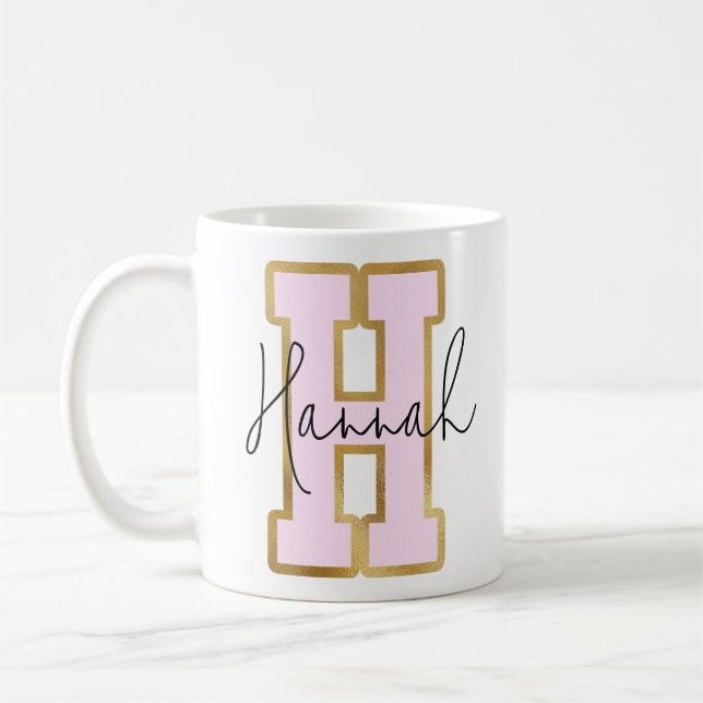 Pink Gold College Varsity Letter Monogram H Coffee Mug (Left)