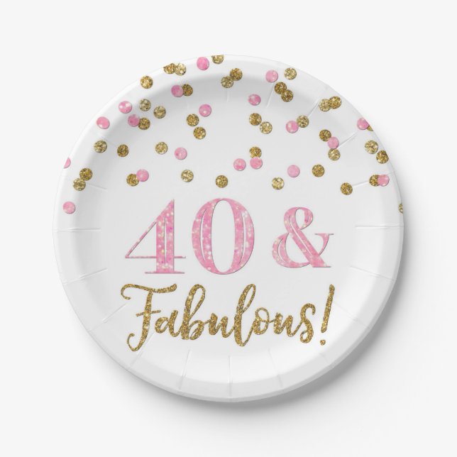Pink Gold Confetti 40 and Fabulous Birthday Paper Plate (Front)