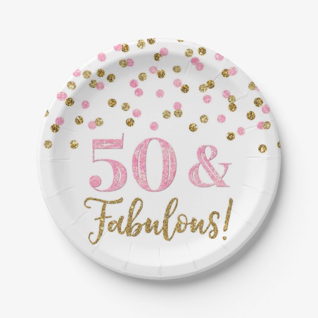 Pink Gold Confetti 50 and Fabulous Birthday Paper Plate (Front)