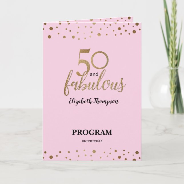 Pink Gold Confetti 50 and fabulous Birthday Programme (Front)
