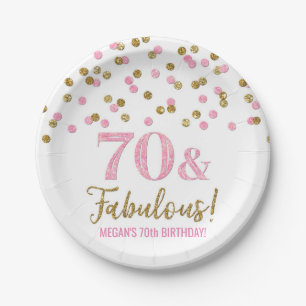 Pink Gold Confetti 70 and Fabulous Birthday Paper Plate