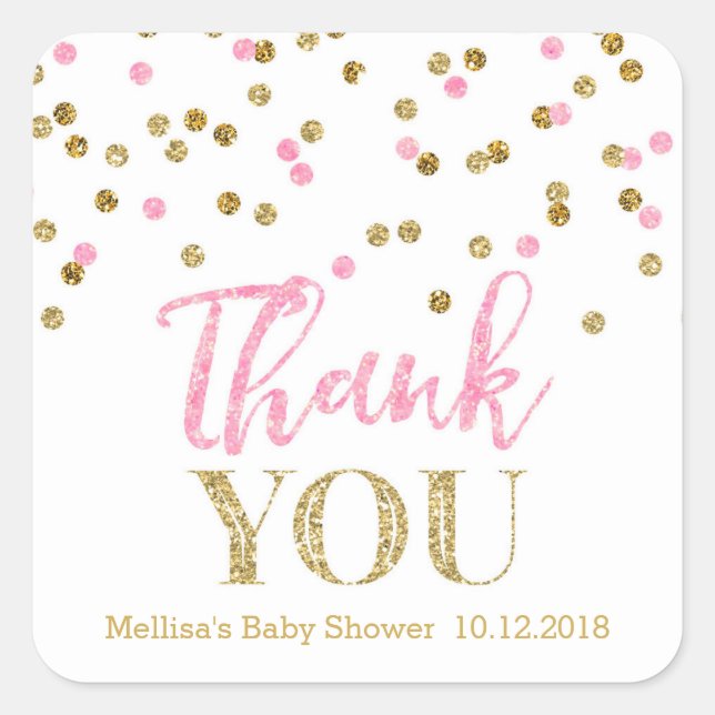 Pink Gold Confetti Baby Shower Thank You Sticker (Front)