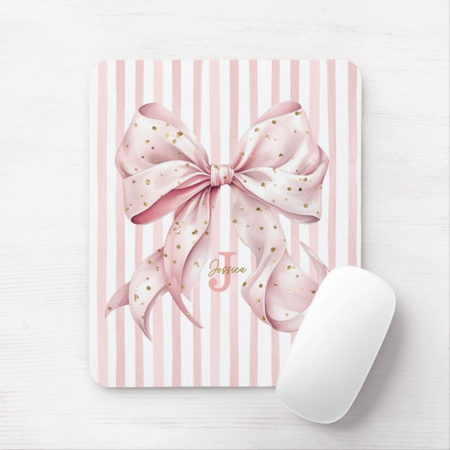 Pink Gold Confetti Bow Monogram Name Mouse Mat (With Mouse)