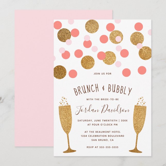 Pink & Gold Confetti Brunch & Bubbly Invitations (Front/Back)