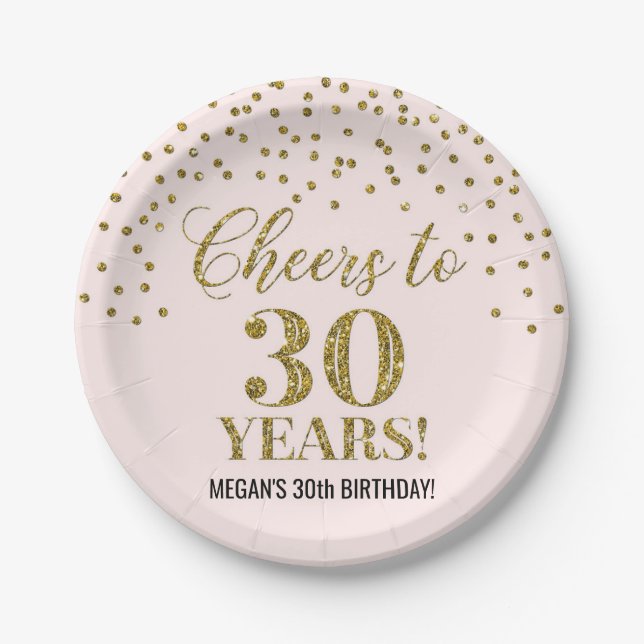 Pink Gold Confetti Cheers to 30 Years Birthday Paper Plate (Front)