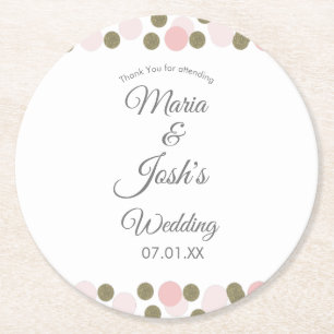 Pink Gold Confetti Dots Border Wedding    Round Paper Coaster