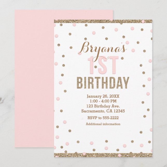 Pink & Gold Confetti Dots Girls 1st Birthday Party Invitation (Front/Back)