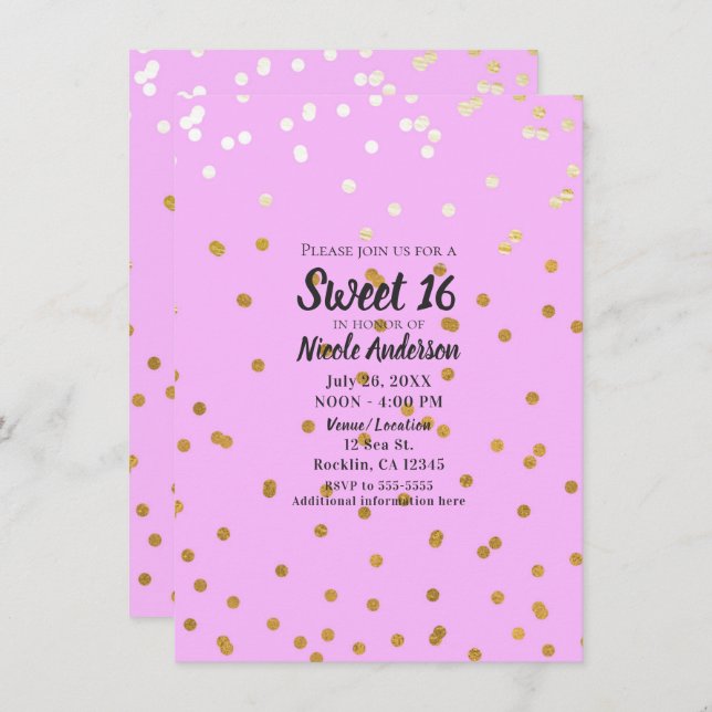 Pink & Gold Confetti Dots Modern Glamour Glam Invitation (Front/Back)