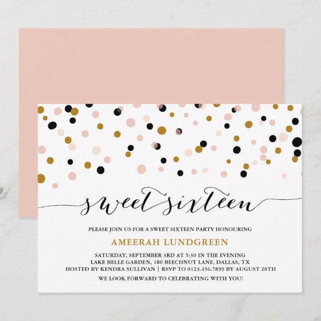Pink & Gold Confetti Dots Sweet Sixteen Invitation (Front/Back)
