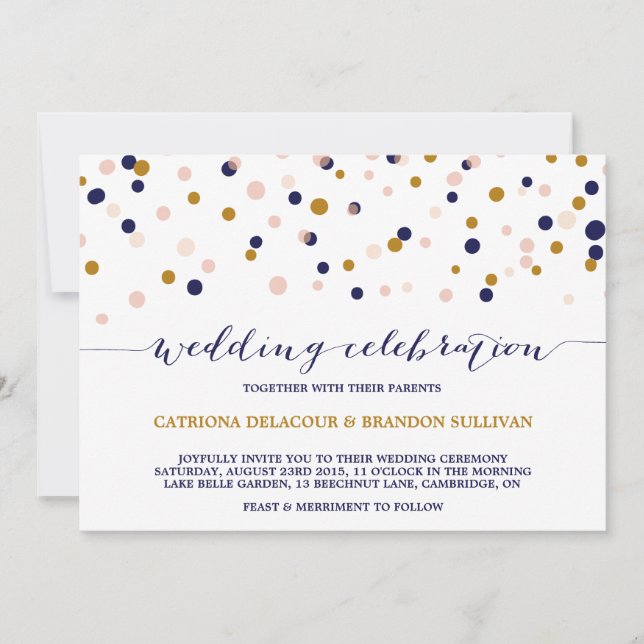 Pink & Gold Confetti Dots Wedding Invitation II (Front)