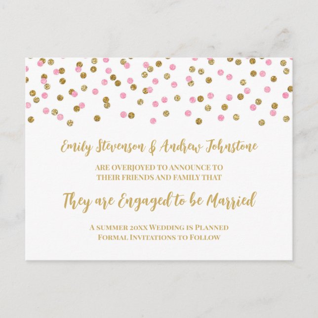 Pink Gold Confetti Engagement Announcement (Front)