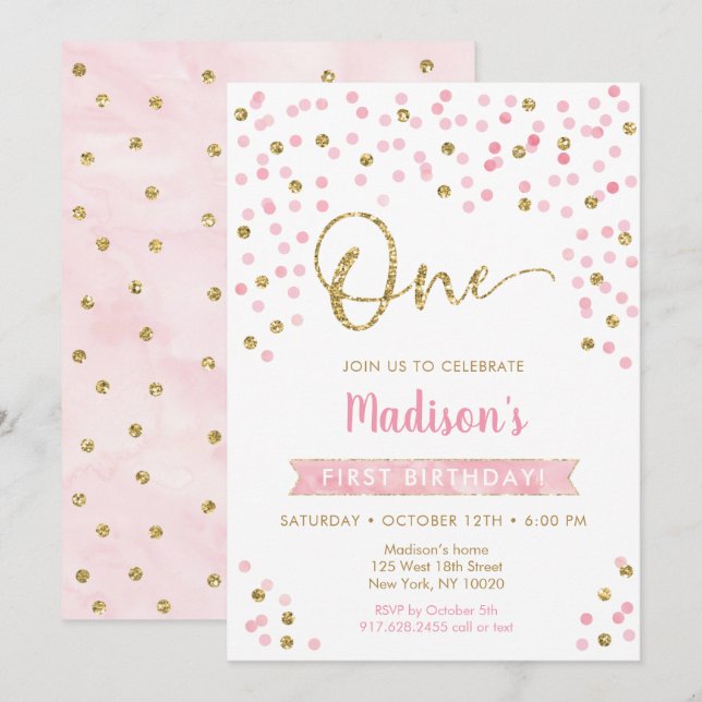 Pink Gold Confetti First Birthday Invitation (Front/Back)