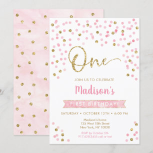 Pink Gold Confetti First Birthday Invitation