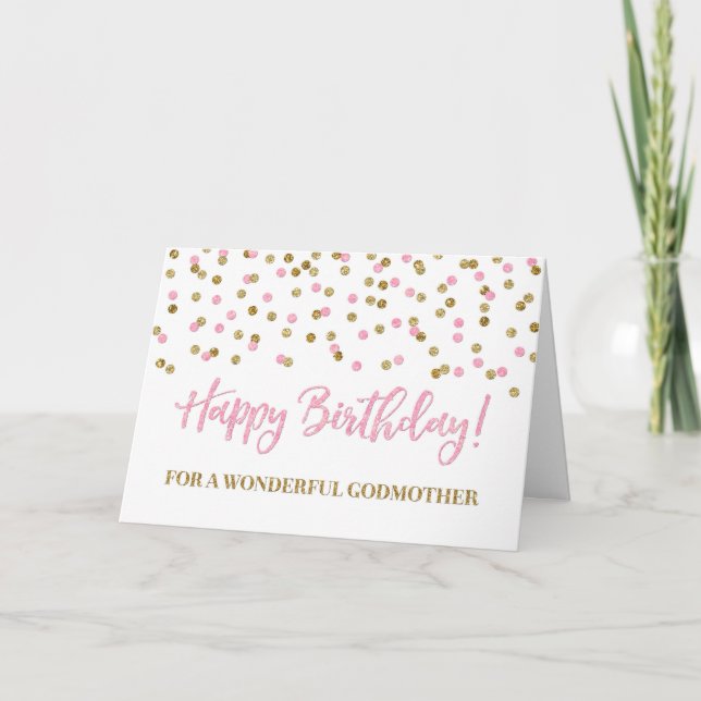 Pink Gold Confetti Godmother Birthday Card (Front)