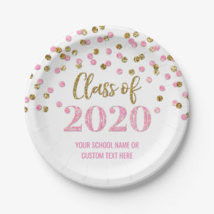 Pink Gold Confetti Graduation 2020 Paper Plate
